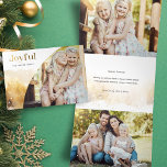Chic Gold Joyful Script w/Curved Photo  Tri-Fold Holiday Card<br><div class="desc">Chic,  modern holiday design featuring sleek custom "Joyful" script in gold gradient style with unique curved photo template and subtle gold watercolor style winter landscape. Panels feature complementary graphics with additional text fields and photo templates.</div>