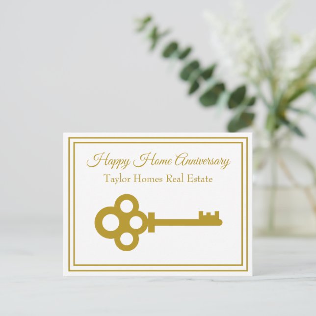 Chic Gold Key Real Estate Happy Home Anniversary Postcard (Standing Front)