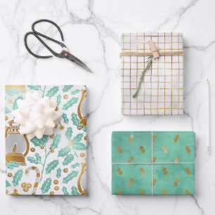 Chic Gold Lanterns & Holly Wrapping Paper Sheets