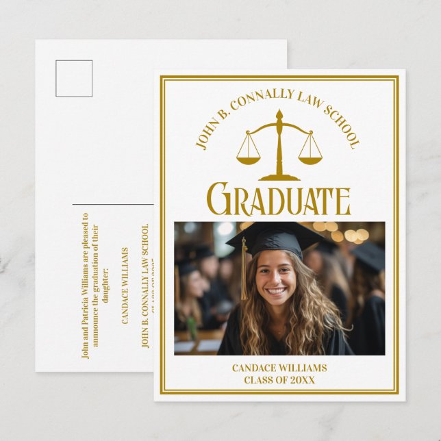 Chic Gold Law School Graduation Photo Announcement Postcard (Front/Back)