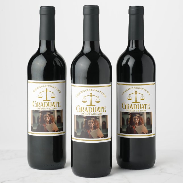 Chic Gold Law School Photo Custom Graduation Party Wine Label (Bottles)