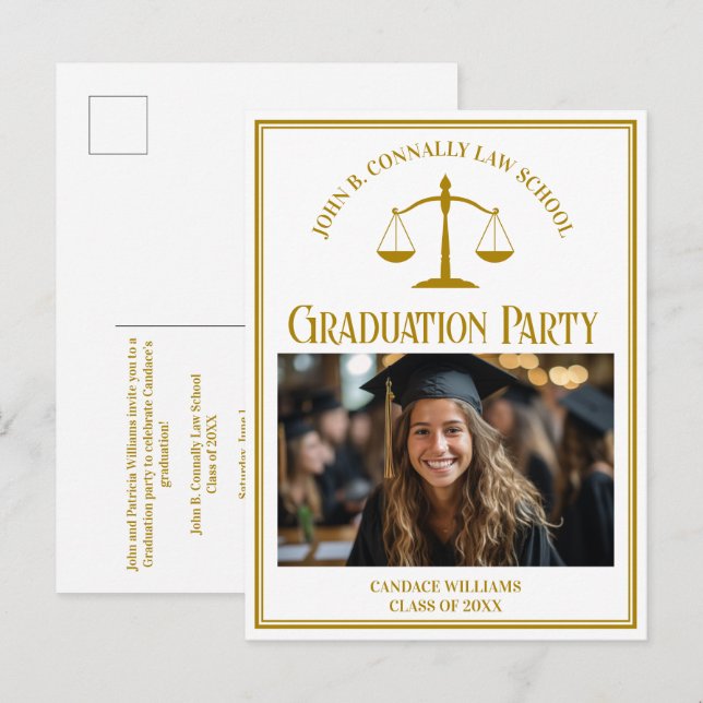 Chic Gold Law School Photo Graduation Party Invitation Postcard (Front/Back)