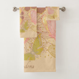 Chic Gold Leaf and Butterfly Pink Background Bath Towel Set