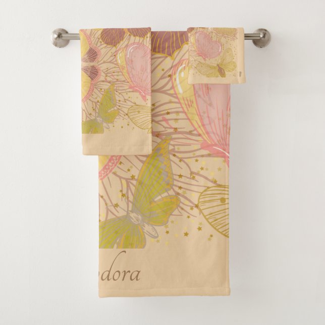 Chic Gold Leaf and Butterfly Pink Background Bath Towel Set (Insitu)