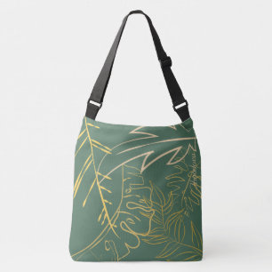 Chic Gold Leaf Green Background Crossbody Bag