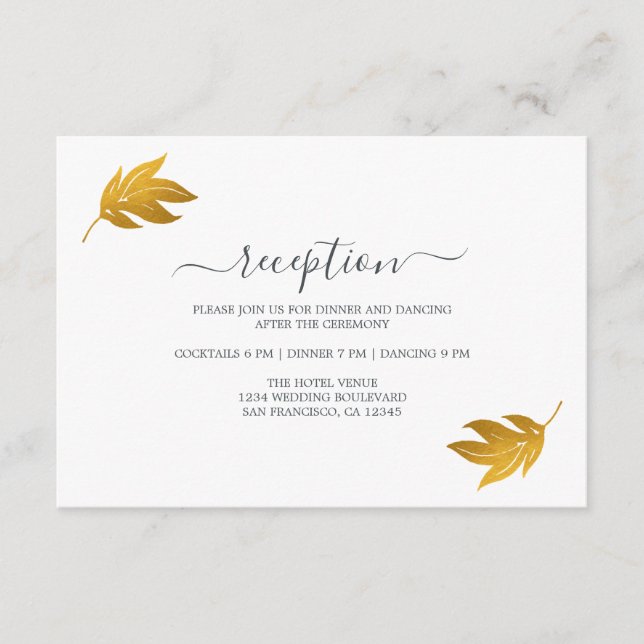 Chic Gold Leaf Minimal Wedding Reception Enclosure Card (Front)