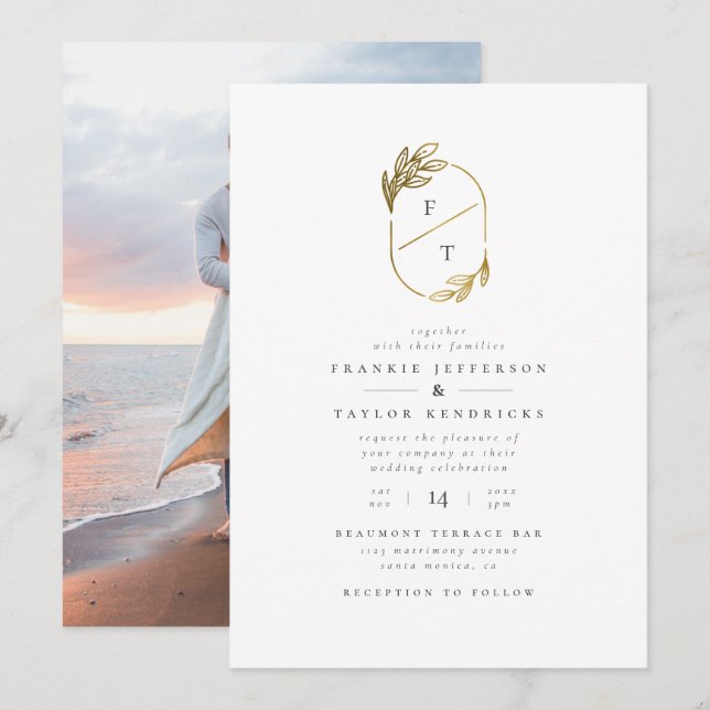 Chic Gold Leaf Monogram | Minimalist Wedding Photo Invitation (Front/Back)