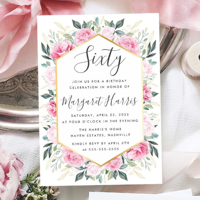 Chic Gold Leaves Pink Floral 60th Sixty Birthday Invitation (Creator Uploaded)