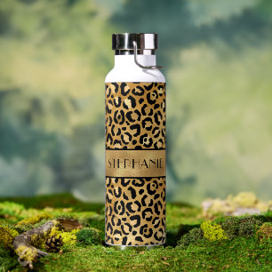 Chic Gold Leopard Print Personalised Water Bottle