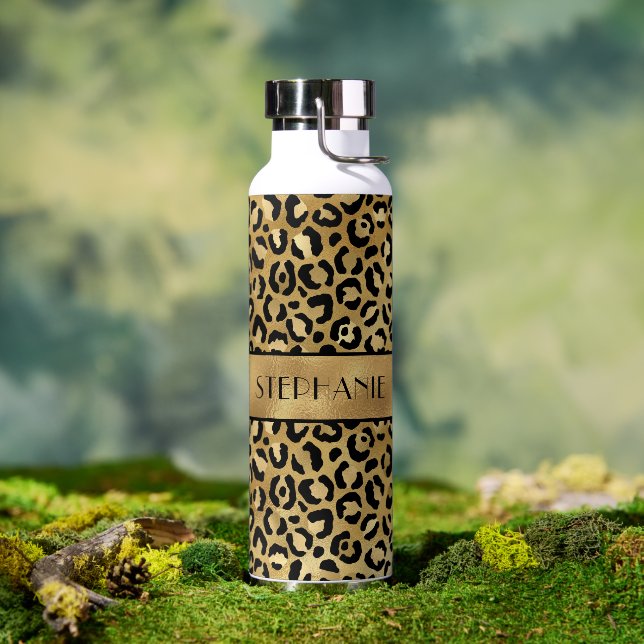 Chic Gold Leopard Print Personalised Water Bottle (Outdoor)