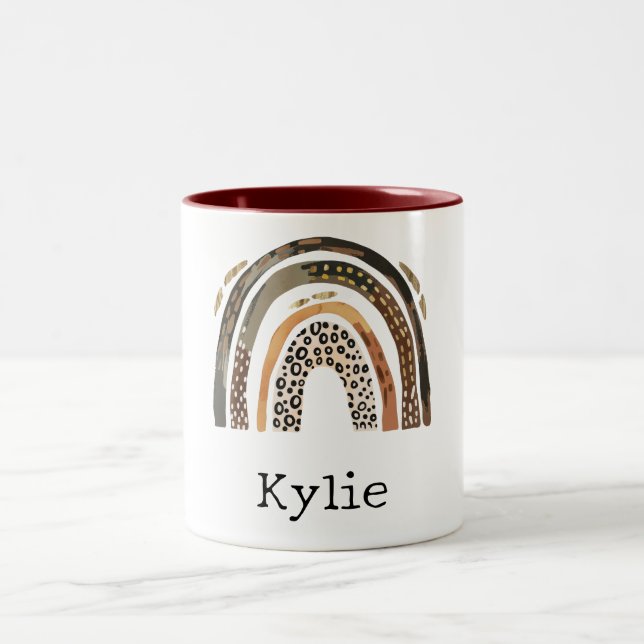Chic Gold Leopard Print Rainbow Name Two-Tone Coffee Mug (Center)