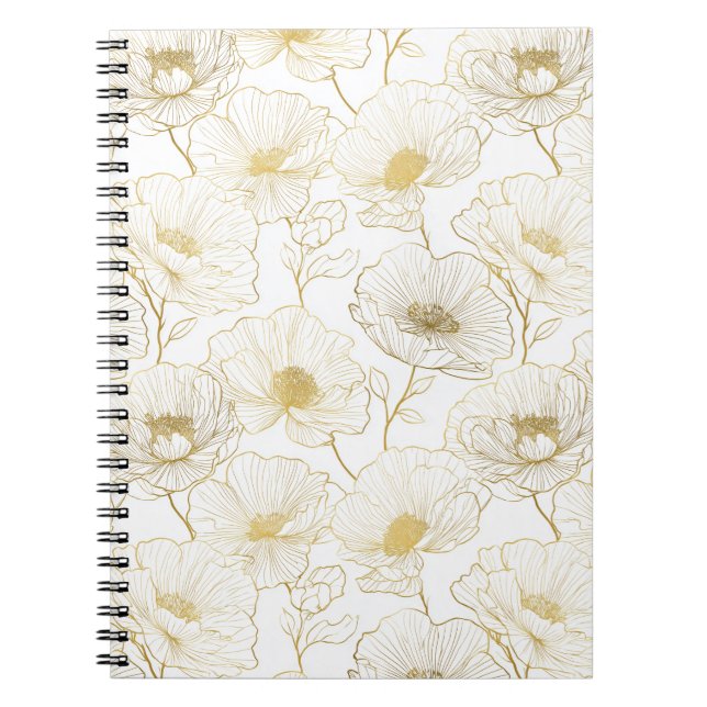 Chic Gold Line Flower White Floral Pattern Notebook (Front)