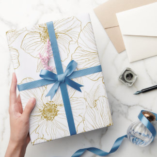 Chic Gold Line Flower White Floral Pattern Wrapping Paper