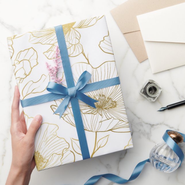 Chic Gold Line Flower White Floral Pattern Wrapping Paper (Gifting)
