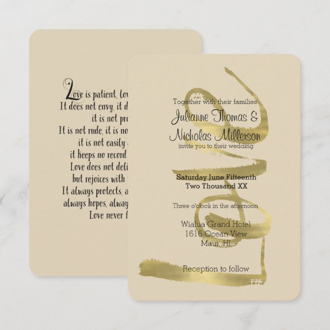 Chic Gold Love is Patient Wedding Invitation (Front/Back)