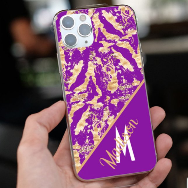 Chic Gold Marble purple Custom monogram name Case-Mate iPhone Case (Creator Uploaded)