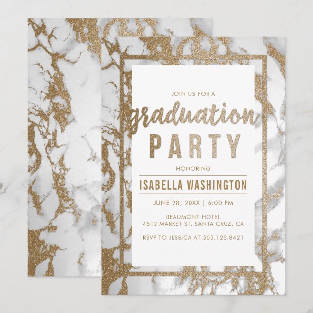 Chic Gold & Marble Typography Graduation Party Invitation (Front/Back)