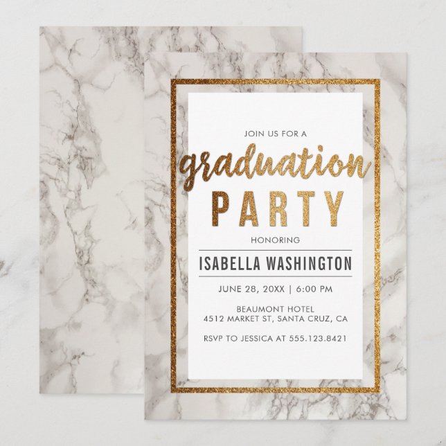Chic Gold & Marble Typography Graduation Party Invitation (Front/Back)