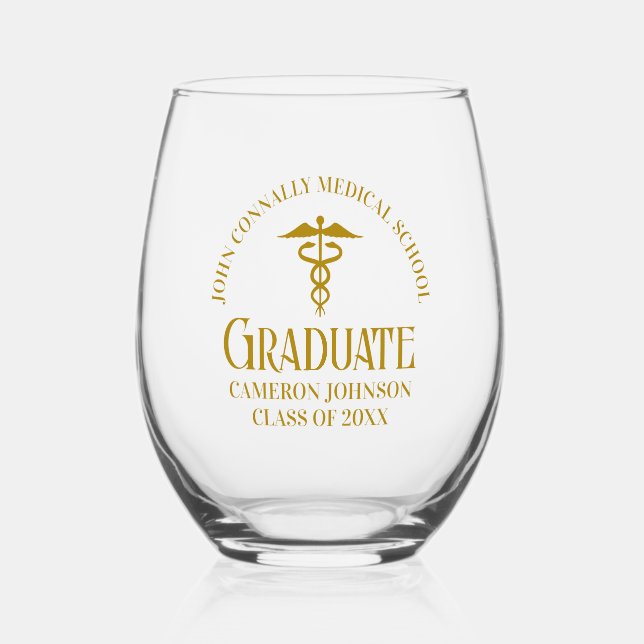 Chic Gold Medical School Graduate Personalised Stemless Wine Glass (Front)