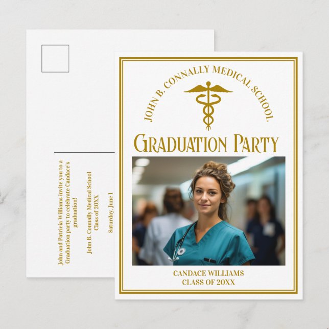 Chic Gold Medical School Graduation Photo Party Invitation Postcard (Front/Back)