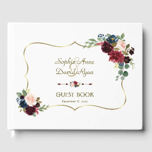 Chic Gold Merlot Navy Blue Floral Wedding Guest Book