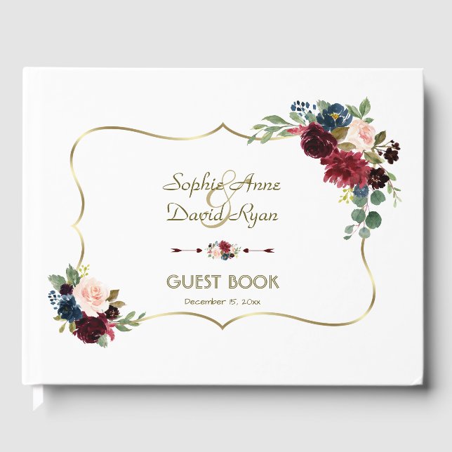 Chic Gold Merlot Navy Blue Floral Wedding Guest Book (Front)
