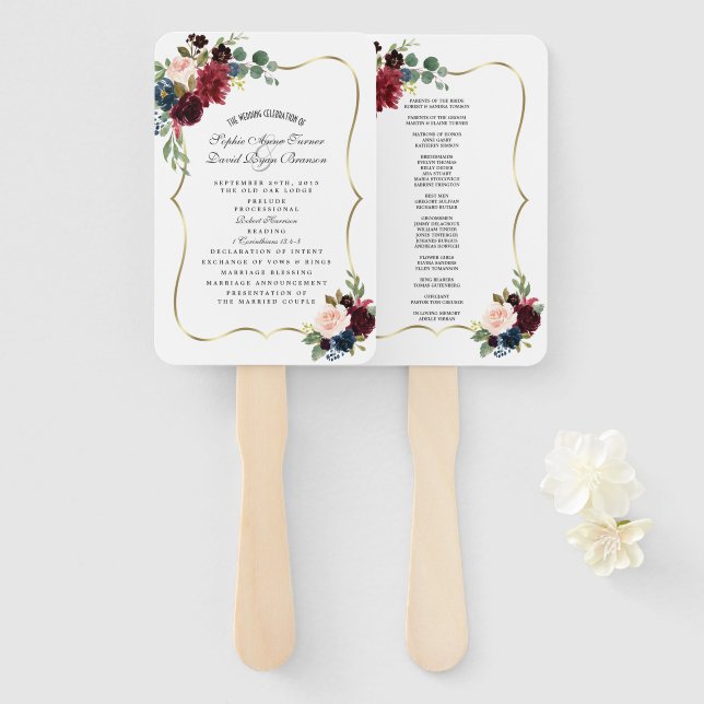 Chic Gold Merlot Navy Blue Floral Wedding Program Hand Fan (Front and Back)