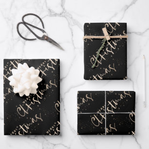 Chic Gold Merry Christmas on Black Wrapping Paper Sheet