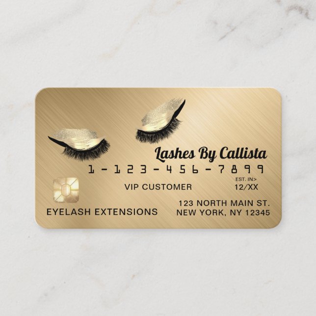 Chic Gold Metallic Glitter Lashes Credit Business Card (Front)