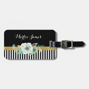 Chic Gold Mint Flowers With Black Stripes and Name Luggage Tag