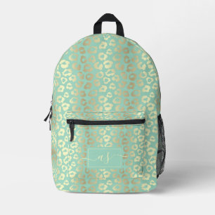 Chic Gold & Mint Green Leopard Print Monogrammed Printed Backpack