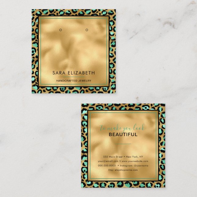 Chic Gold Mint Leopard Print Earring Display Card (Front/Back)