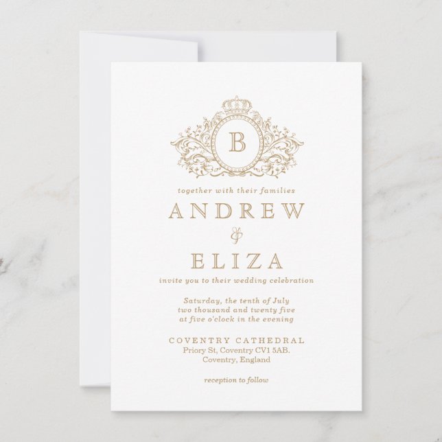 Chic Gold Monogram Crest Wedding Invitation (Front)