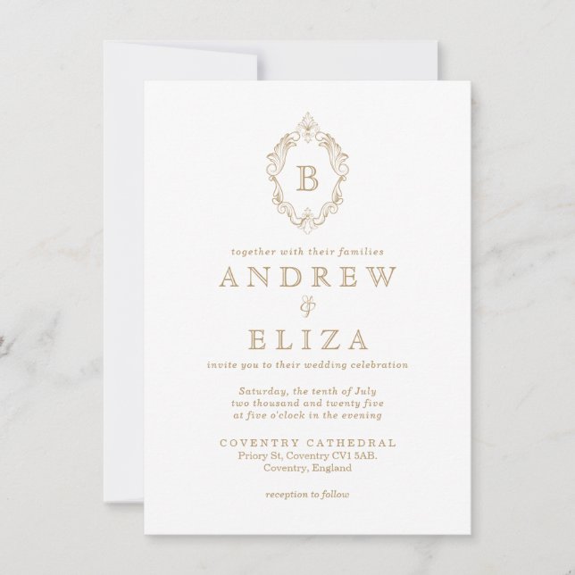 Chic Gold Monogram Crest Wedding Invitation (Front)