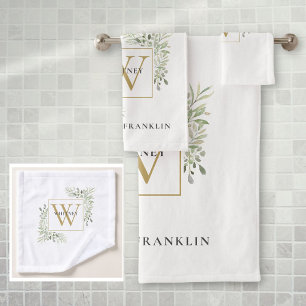 Chic Gold Monogram Eucalyptus Greenery  Bath Towel Set