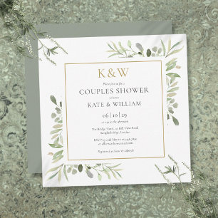 Chic Gold Monogram Greenery Couples Shower Square Invitation