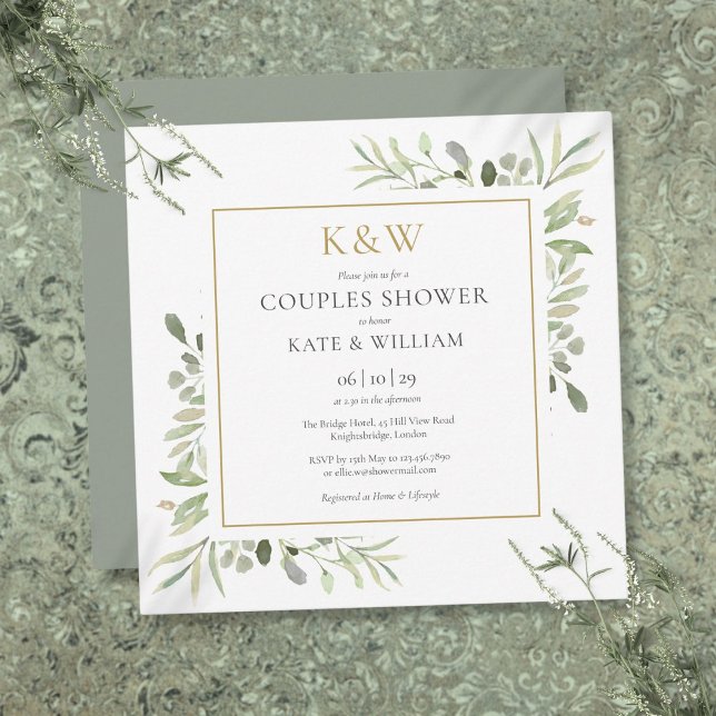 Chic Gold Monogram Greenery Couples Shower Square Invitation (Chic Gold Monogram Greenery Couples Shower Square Invitation)