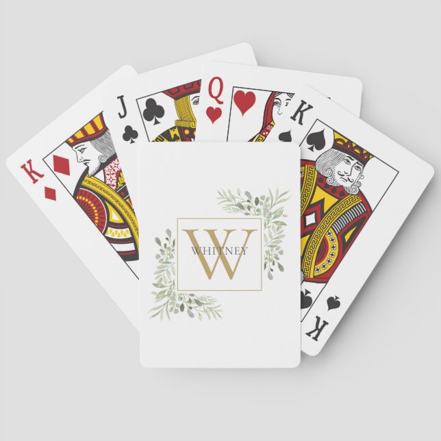 Chic Gold Monogram Greenery Personalised Playing Cards (Back)