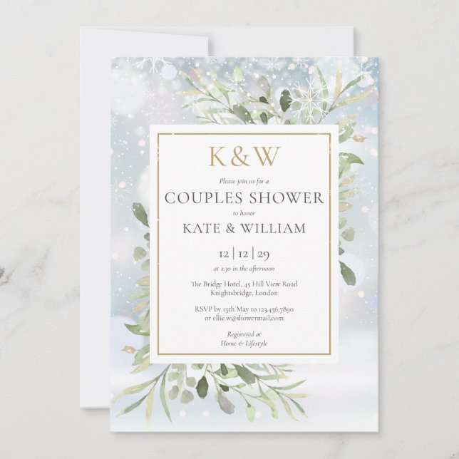 Chic Gold Monogram Greenery Winter Couples Shower Invitation (Front)
