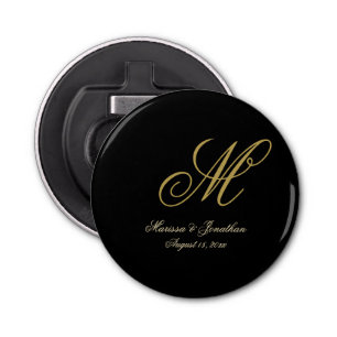 Chic Gold Monogram Script Black Wedding Bottle Opener
