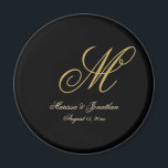 Chic Gold Monogram Script Black Wedding Magnet<br><div class="desc">These elegant black custom monogram wedding magnet will add class to your favour gifts. The chic design template features the groom's last name monogram initial along with the bride's and groom's first names and wedding date in faux gold to personalise. Please check out our I Love Weddingz shop to find...</div>