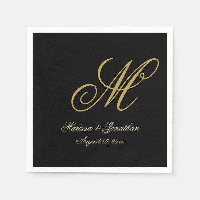 Chic Gold Monogram Script Black Wedding Napkin (Front)