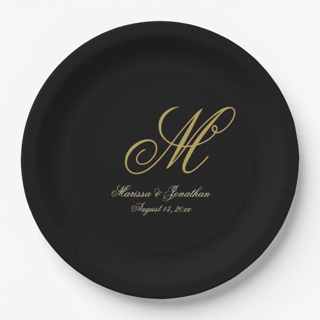 Chic Gold Monogram Script Black Wedding Paper Plate (Front)
