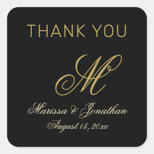 Chic Gold Monogram Script Black Wedding Thank You Square Sticker