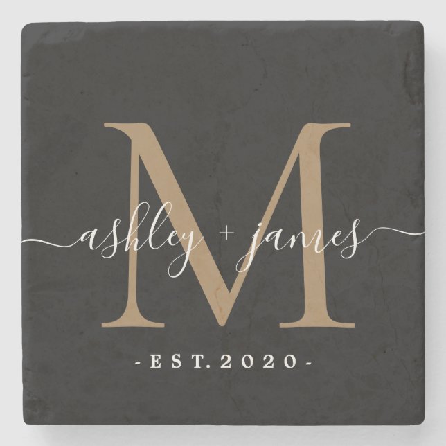 Chic Gold Monogram Script Names Wedding Date Black Stone Coaster (Front)