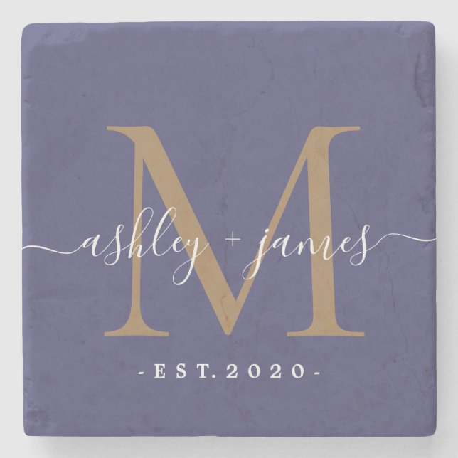 Chic Gold Monogram Script Names Wedding Date Blue Stone Coaster (Front)