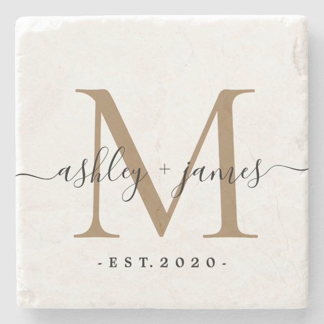Chic Gold Monogram Script Names Wedding Date Stone Coaster (Front)