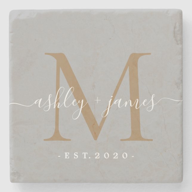 Chic Gold Monogram Script Names Wedding Date Stone Coaster (Front)