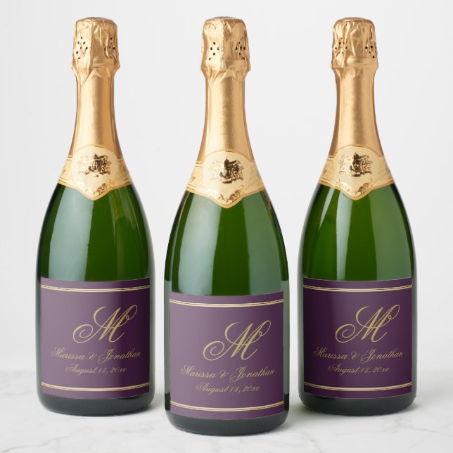Chic Gold Monogram Script Typography Plum Wedding Sparkling Wine Label (Bottles)
