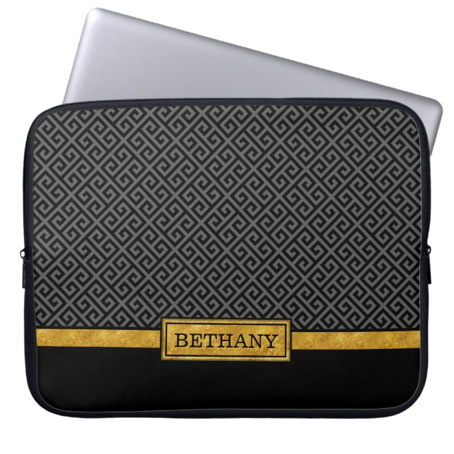 Chic Gold Name and Black Greek Key Pattern Laptop Sleeve (Front)